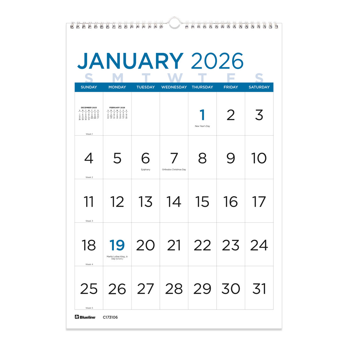 Blueline Large Print Wall Calendar, 2026 C173106-26