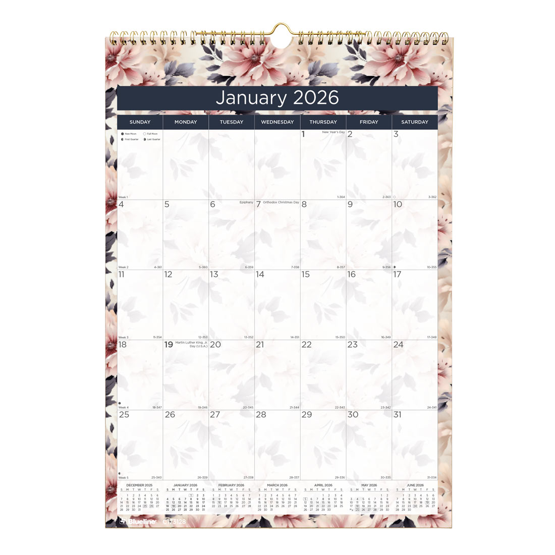 Blueline Colorful Monthly Wall Calendar, Floral, 2026 C173128-26