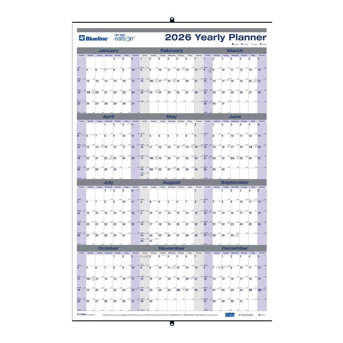 Blueline Net Zero Carbon™ Erasable - Reversible Yearly Wall Planner, 2026 C177868-26