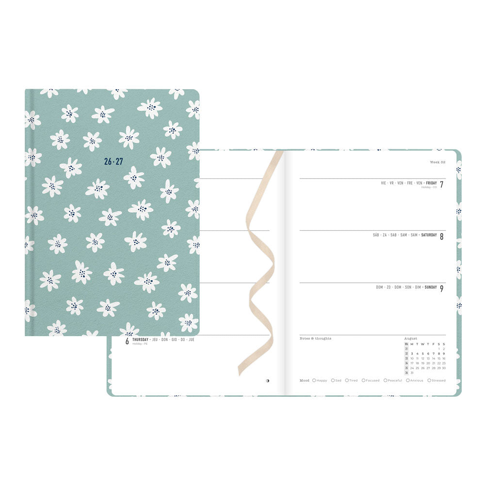 Daisies Academic Weekly Planner, A5, 2026 - 2027 - Multilingual 27-031866 #color_daisies-mint