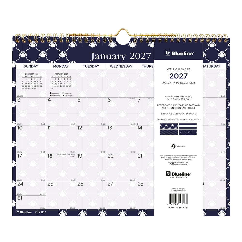 Monthly Wall Calendar, Nautical, 2027 C171113-27 Blueline