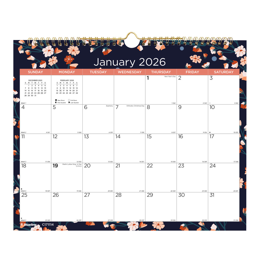 Blueline Colorful Monthly Wall Calendar 2026, Twilight Floral C171114-26