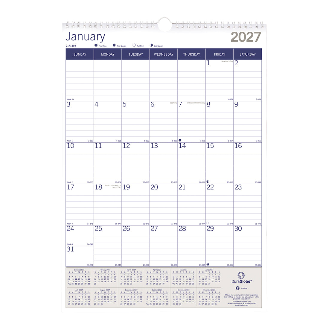Monthly Wall Calendar, DuraGlobe™, 2027 C171203-27 Blueline