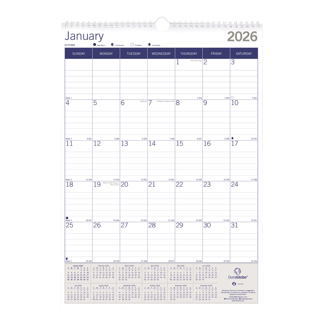 Blueline DuraGlobe™ Monthly Wall Calendar, Bamboo, 2026 C171203-26