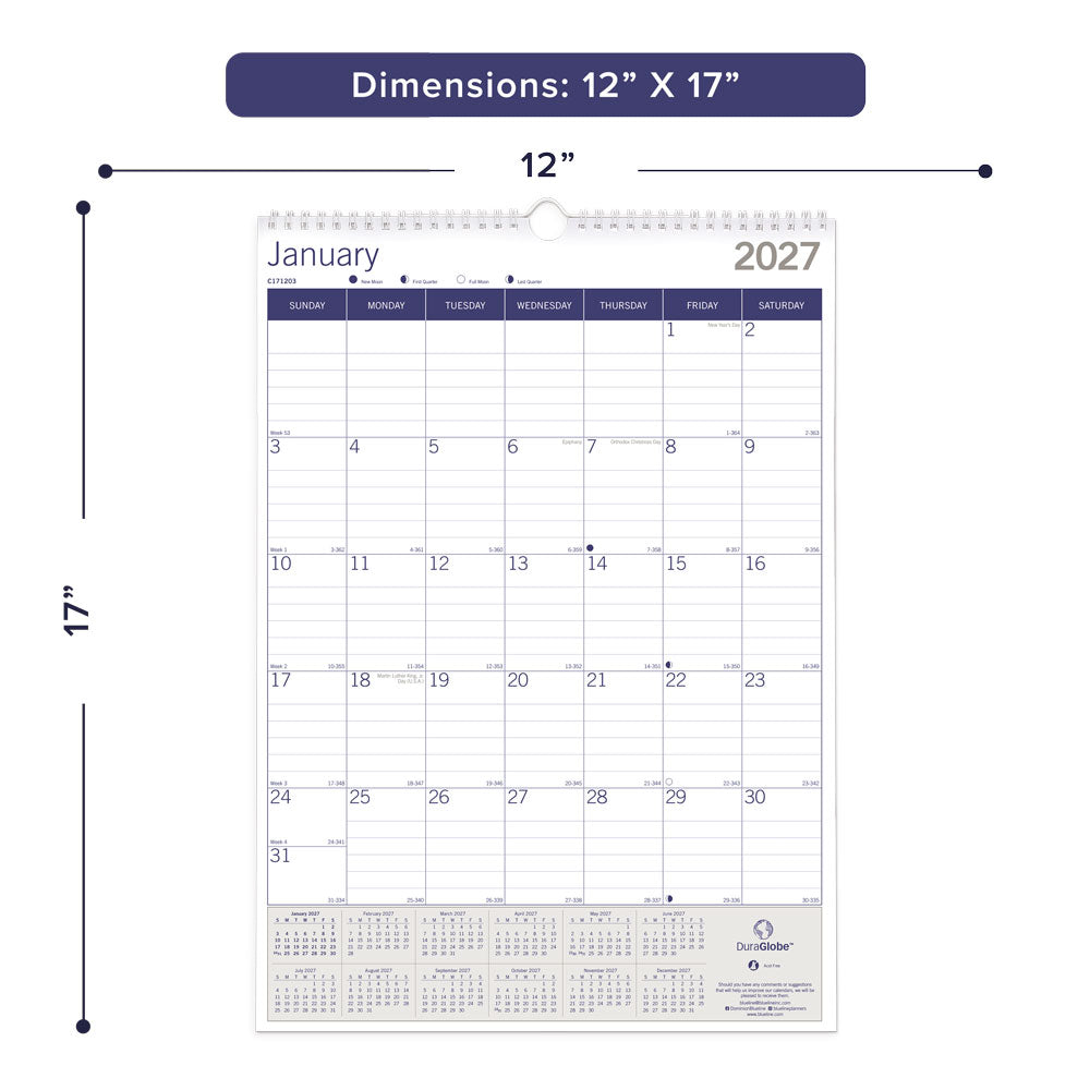 Monthly Wall Calendar, DuraGlobe™, 2027 C171203-27 Blueline