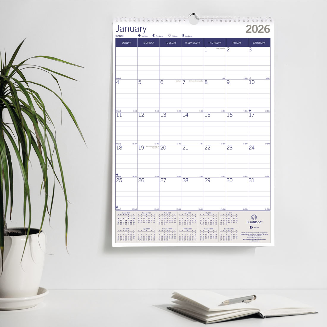 Blueline DuraGlobe™ Monthly Wall Calendar, Bamboo, 2026 C171203-26