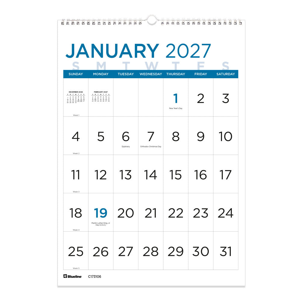 Monthly Wall Calendar, Large Print, 2027 C173106-27 Blueline