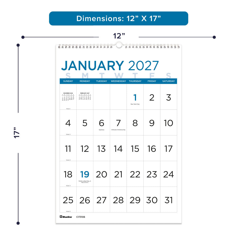 Monthly Wall Calendar, Large Print, 2027 C173106-27 Blueline
