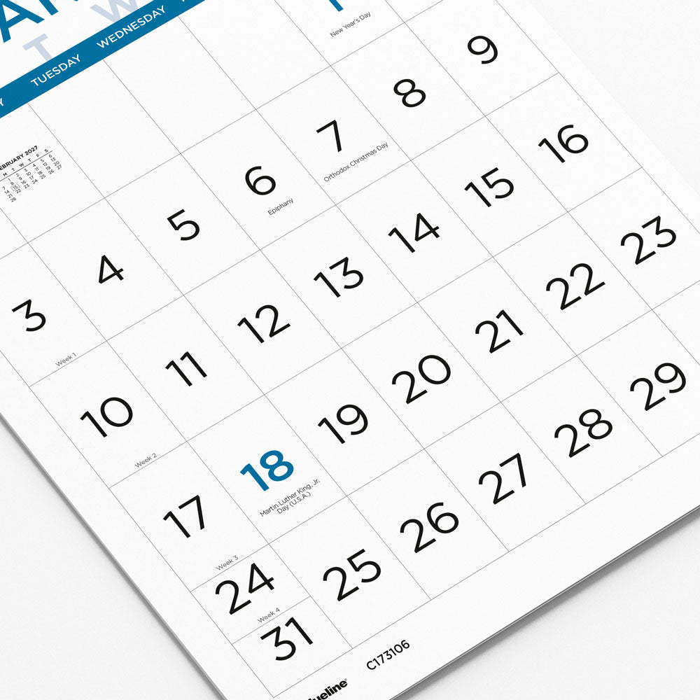 Monthly Wall Calendar, Large Print, 2027 C173106-27 Blueline