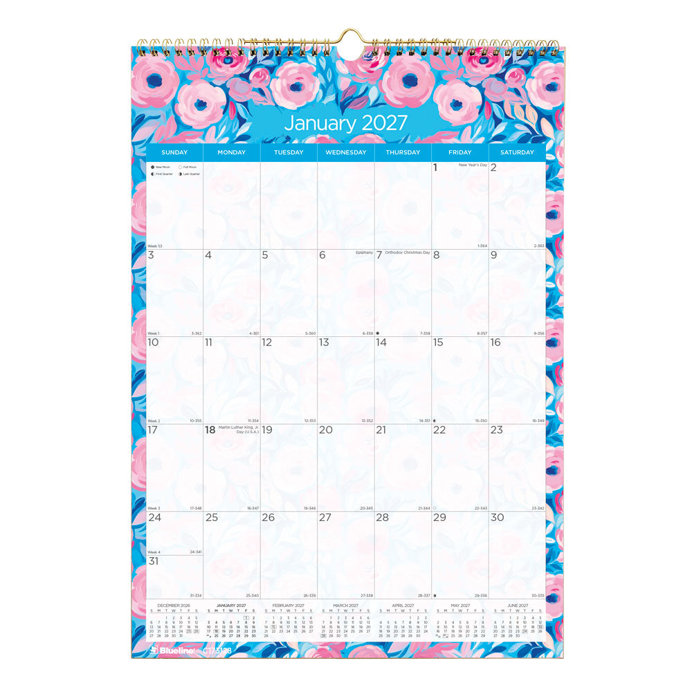 Monthly Wall Calendar, Floral, 2027 C173128-27 Blueline