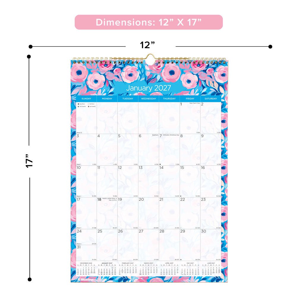 Monthly Wall Calendar, Floral, 2027 C173128-27 Blueline