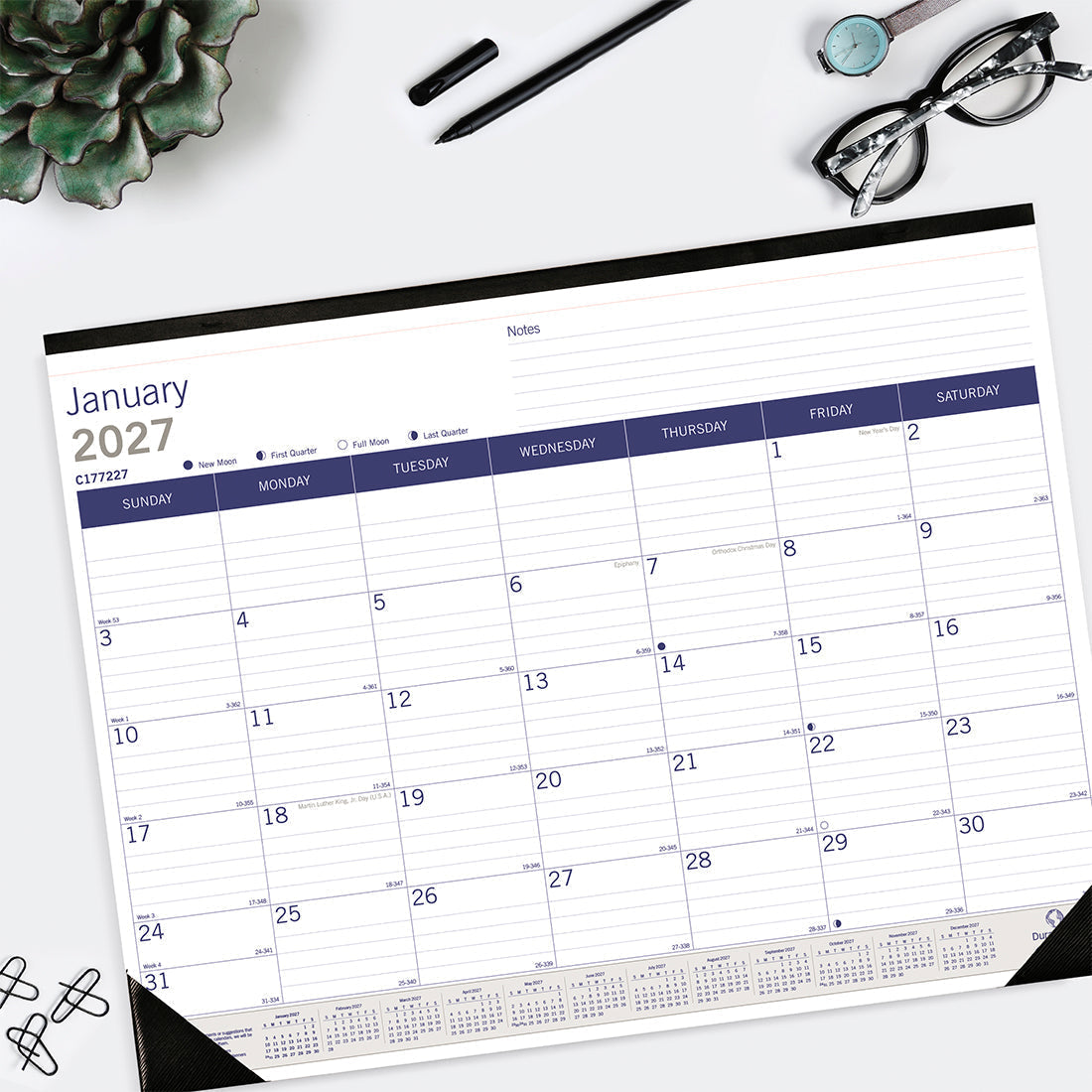 Monthly Desk Pad Calendar, DuraGlobe™, 2027 C177227-27 Blueline