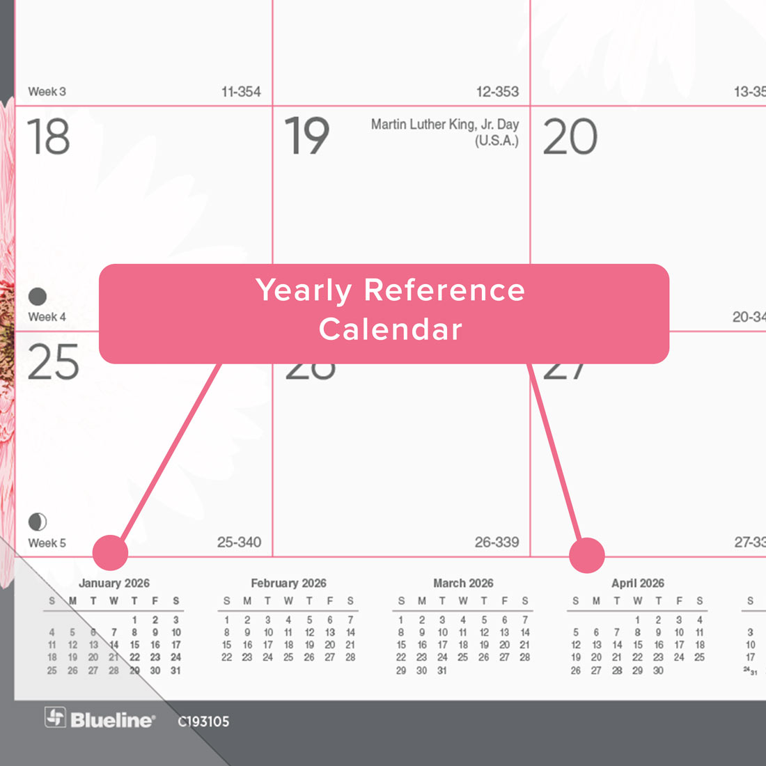 Blueline Pink Daisy Monthly Desk Pad Calendar, 2026 C193105-26