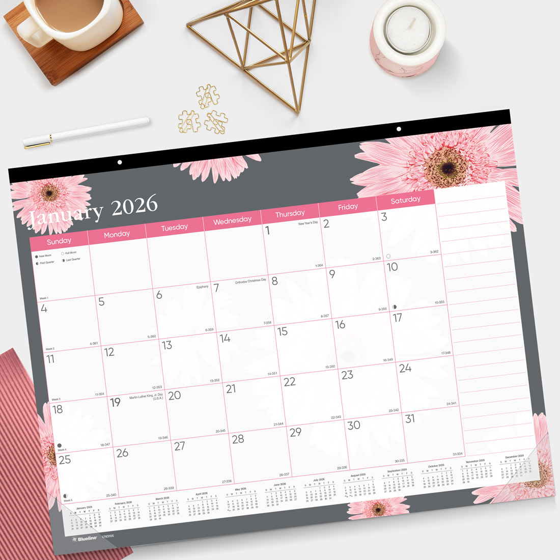 Blueline Pink Daisy Monthly Desk Pad Calendar, 2026 C193105-26
