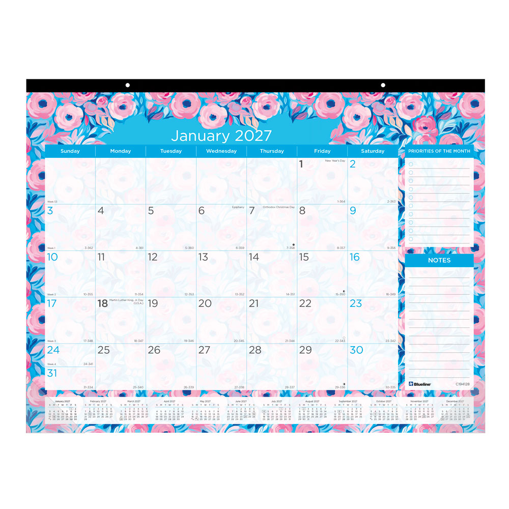Monthly Desk Pad Calendar, Floral, 2027 C194128-27 Blueline