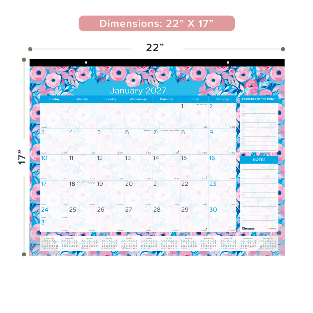 Monthly Desk Pad Calendar, Floral, 2027 C194128-27 Blueline