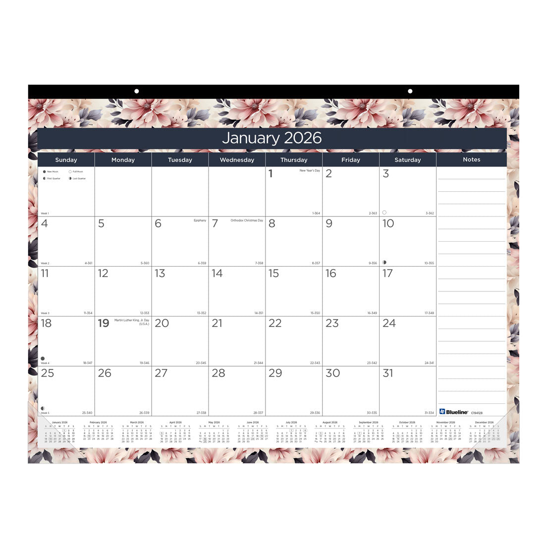 Blueline Colorful Monthly Desk Pad Calendar, Floral, 2026 C194128-26