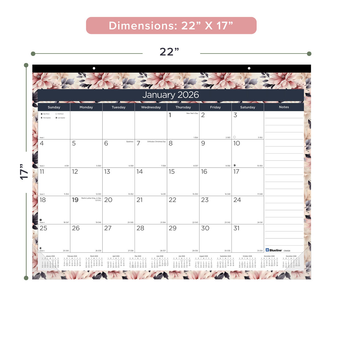 Blueline Colorful Monthly Desk Pad Calendar, Floral, 2026 C194128-26