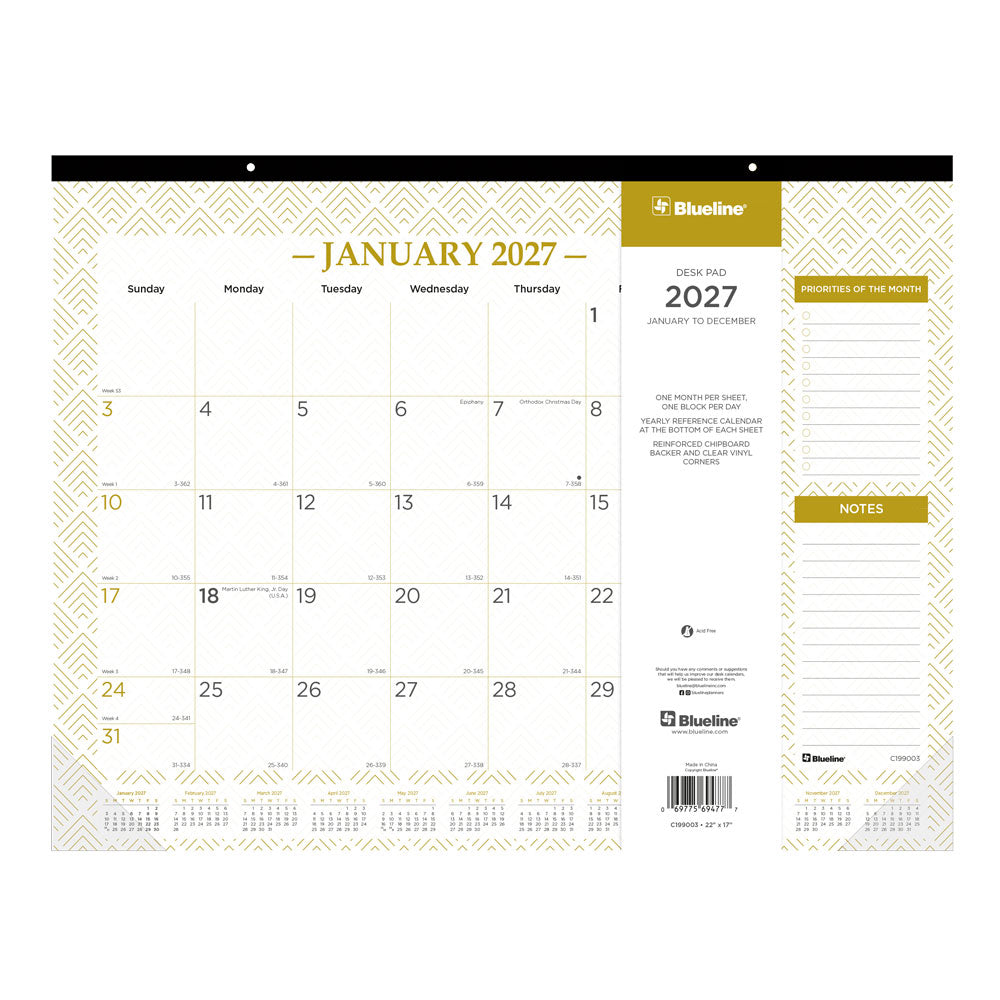 Monthly Desk Pad Calendar, Classic Gold, 2027 C199003-27 Blueline