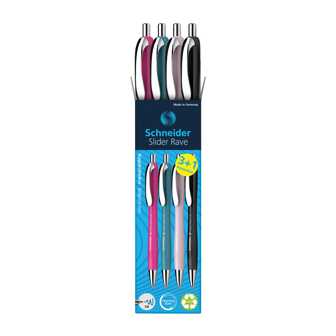 Schneider Rave Retractable Ballpoint Pen XB, Special Limited Edition, Blue Ink, Promo Set of 3 Units + 1 FREE Pen 132564