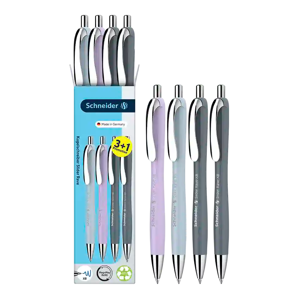 Schneider Rave Retractable Ballpoint Pen XB, Trend 26 Limited Edition, Promo Set of 3 + 1 FREE Pen 132654