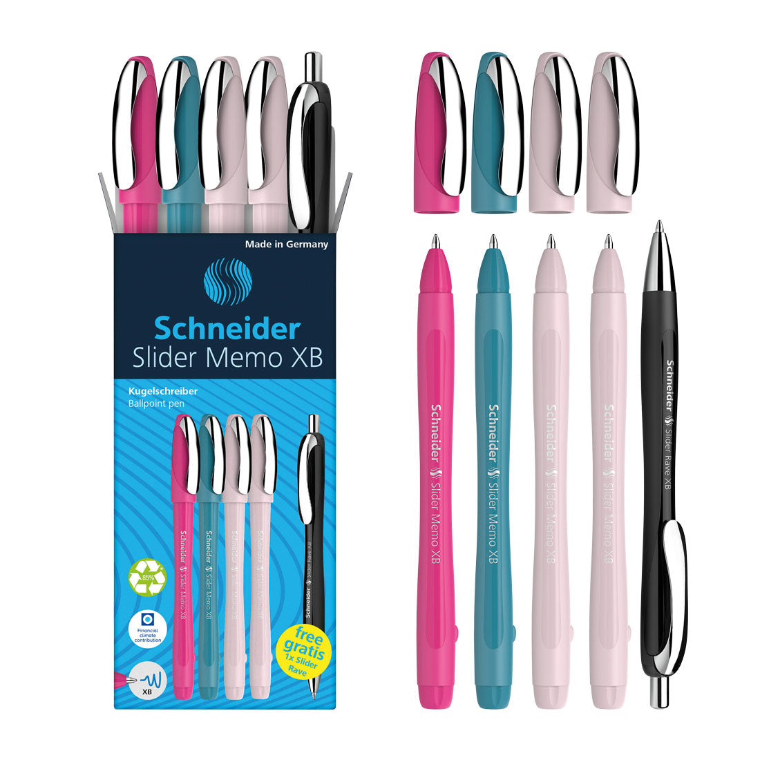 Schneider Memo Ballpoint Pens XB,Special Limited Edition, Blue Ink, Promo Set of 4 Units + 1 FREE Rave 150255