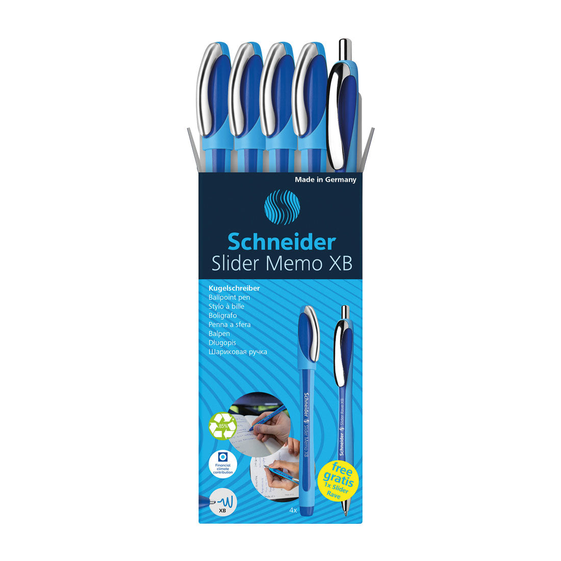 Schneider Memo Ballpoint Pens XB,Blue Ink, Promo Set of 4 Units + 1 FREE Rave 150275
