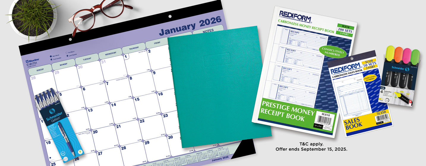 FREE SHIPPING! Assorted office supplies including a calendar, receipt book, and highlighters on a white surface.